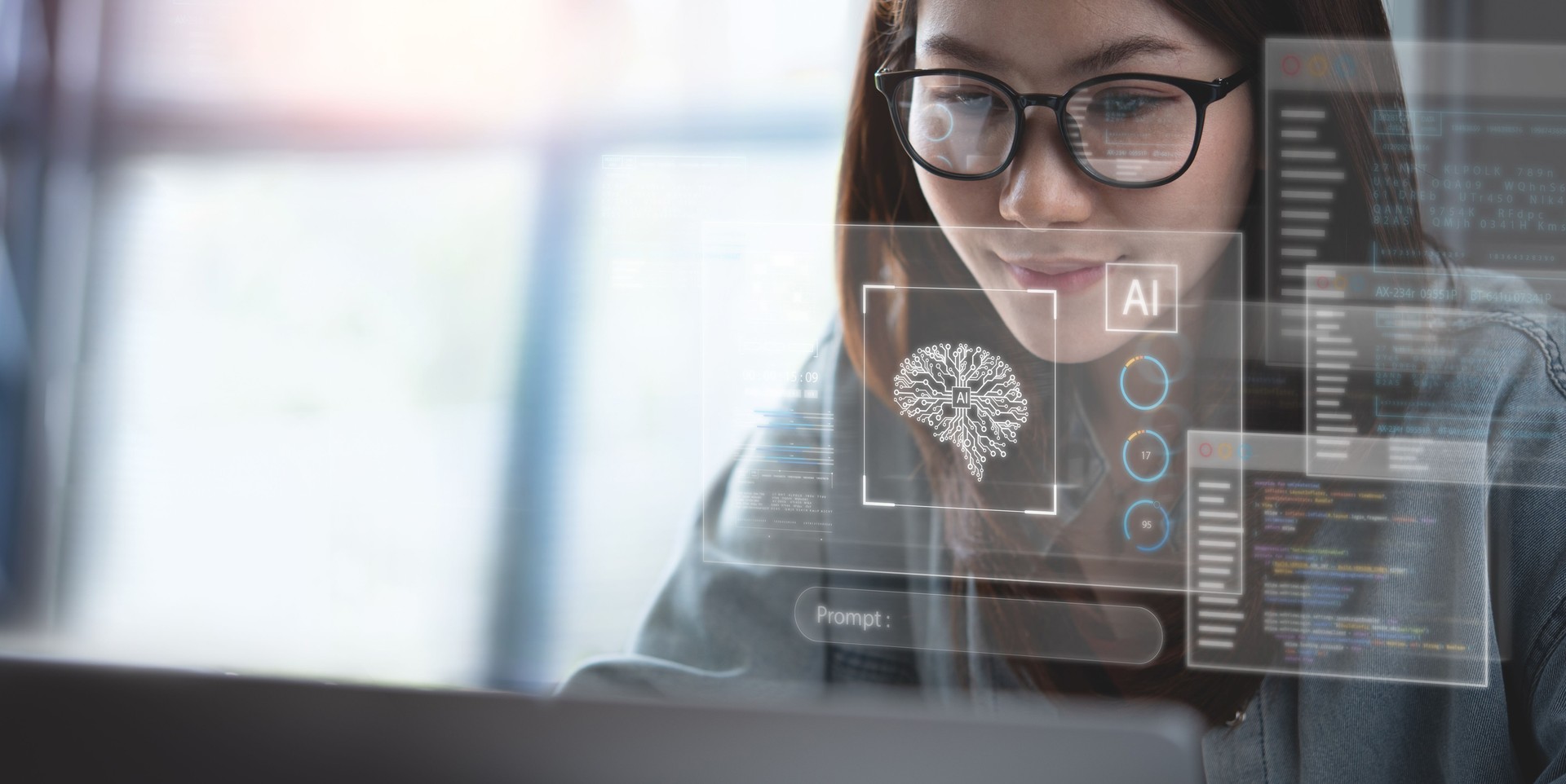 AI Artificial Intelligence. Business woman using AI technology for data analysis, coding computer language with digital brain, machine learning, prompt engineering, business intelligence