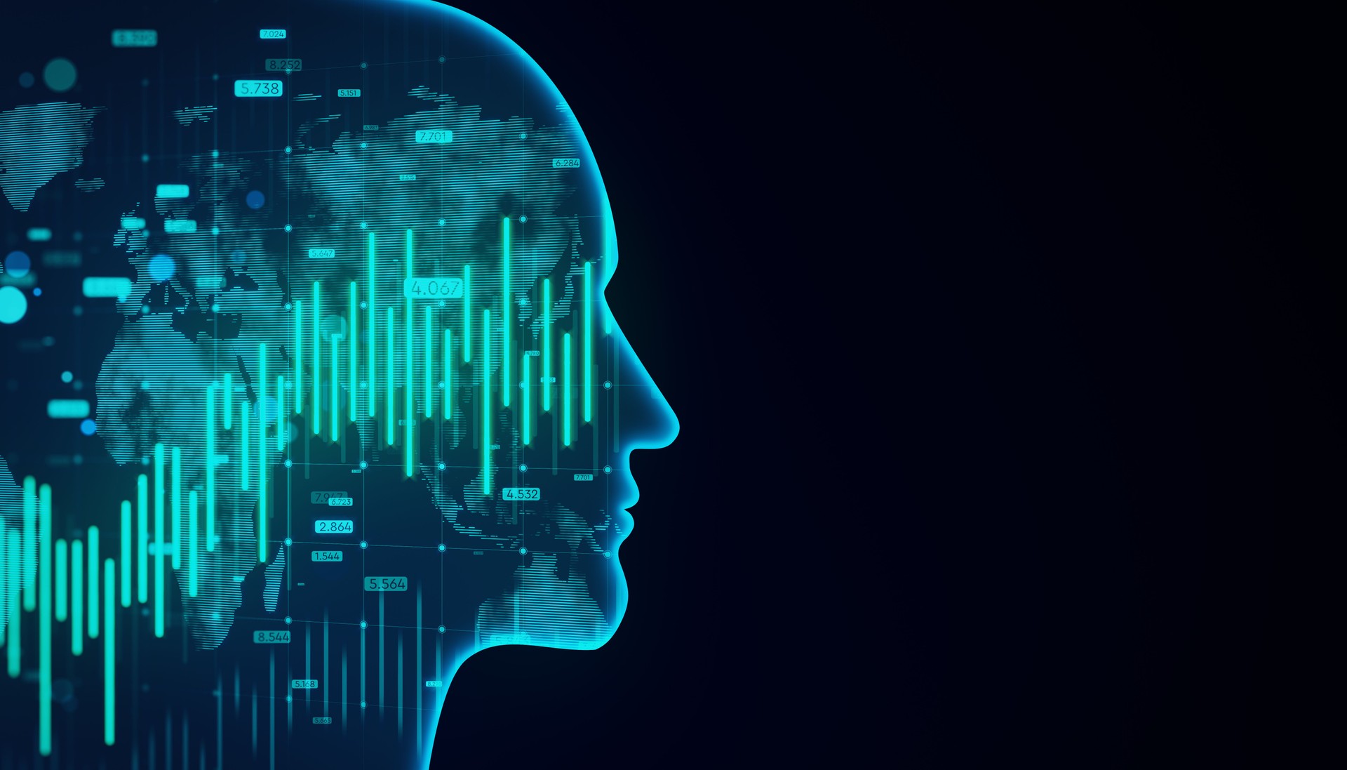Digital human silhouette with overlaid financial data graphics and world map. Dark background. Concept of AI and algorithmic finance. 3D rendering